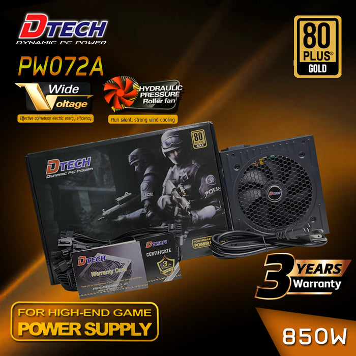 POWER SUPPLY 850W DTECH PW072A (80+ GOLD) คุณภาพสูง ประหยัดพลังงาน รองรับการใช้งานระดับมืออาชีพ